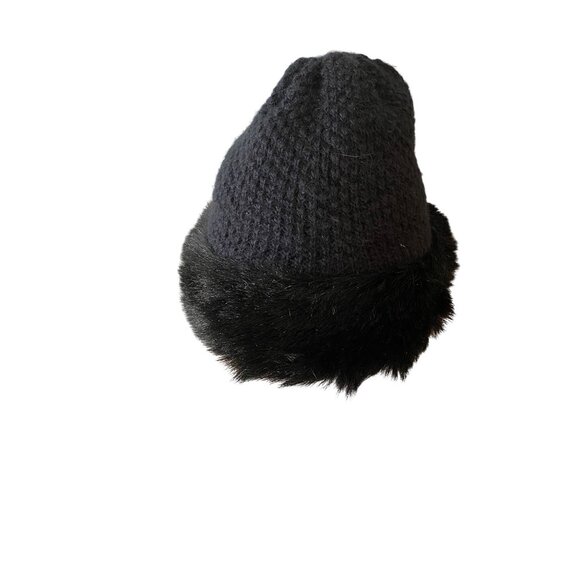 NWT Aris Womens Black Knit Hat With Faux Fur Trim - Picture 2 of 9